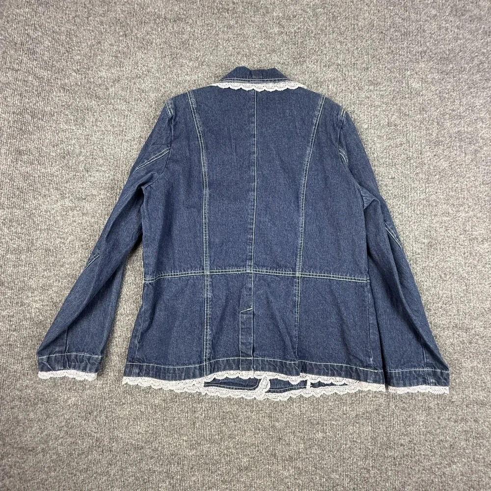 Denim & Co. Blazer Jacket Womens Medium Blue Denim Lace Trim Button Front Boho - Picture 9 of 15